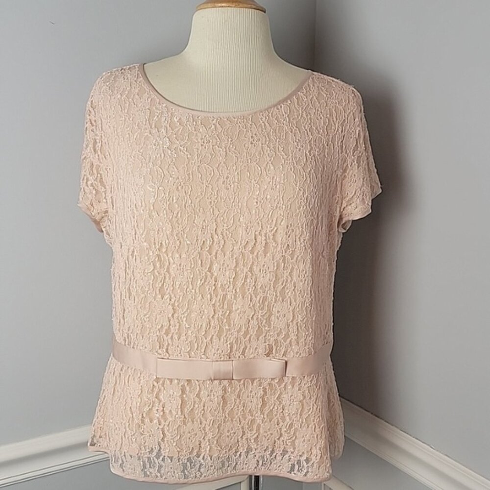 ANN TAYLOR Blush Lace Scoop Neck‎ Embellished Satin Bow Belt Blouse Lined Top 14